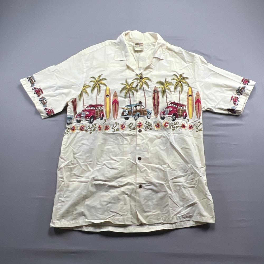 Winnie Fashion Hawaiian Shirt Mens XL White Wagon And Surfboard Graphics Cotton